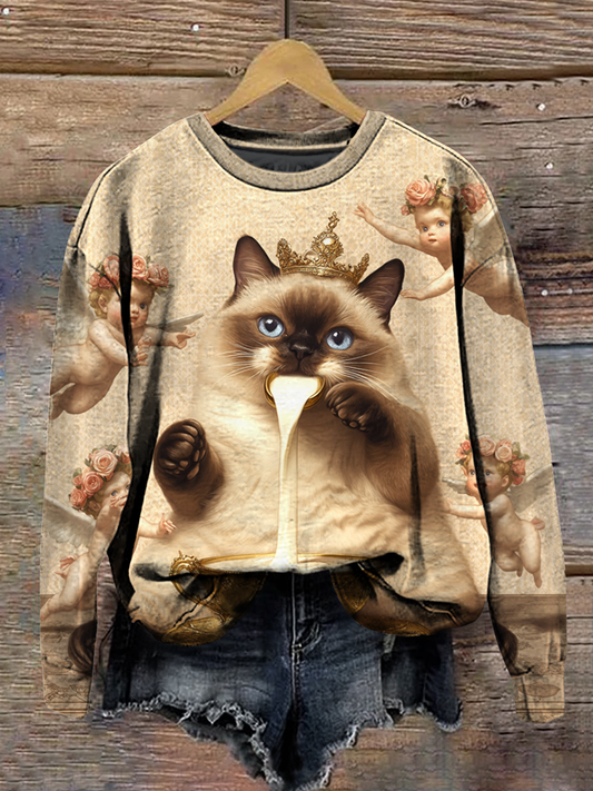 Cat Art Print Round Neck Long Sleeve Casual Sweatshirt