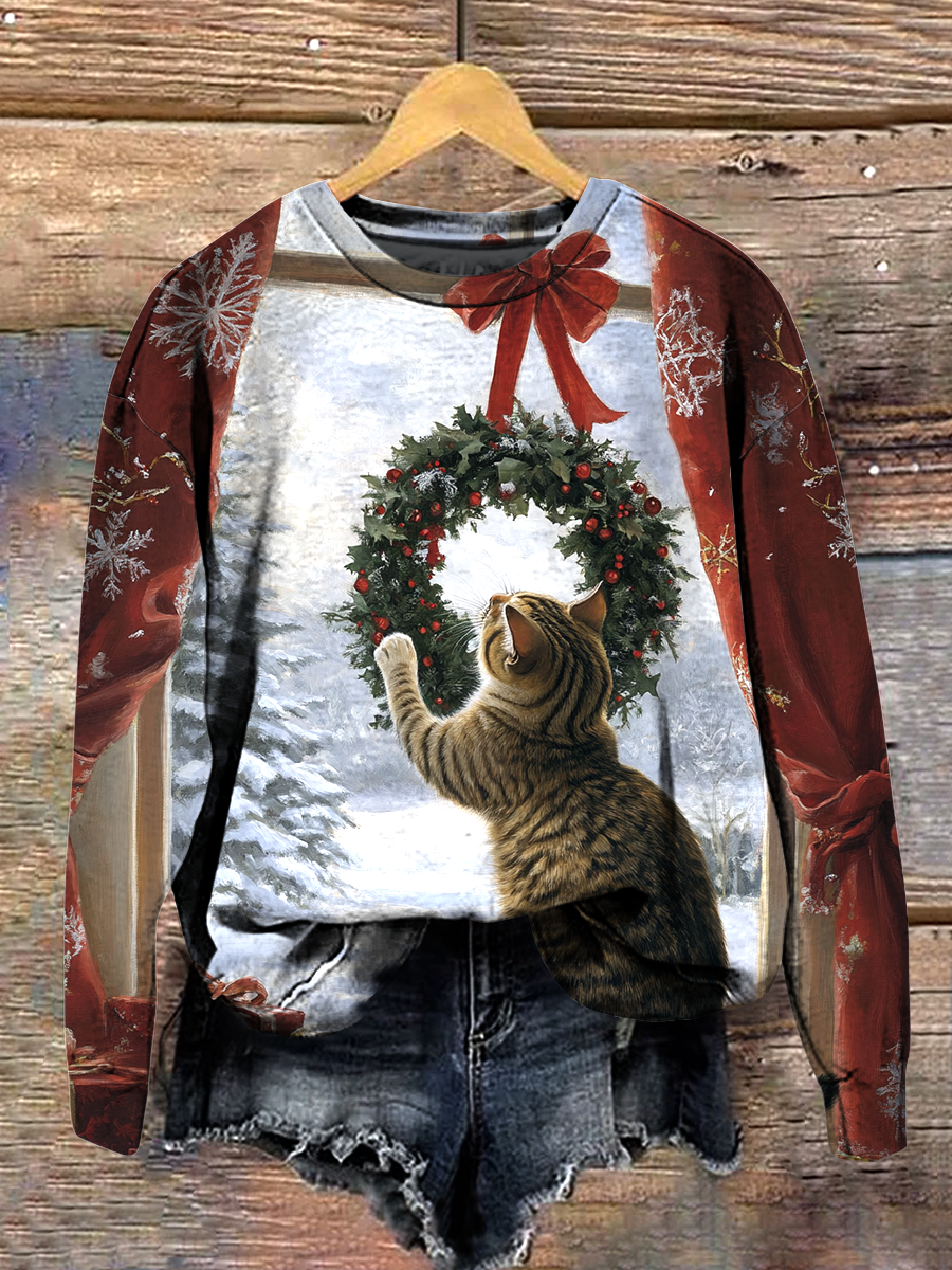 Christmas Cat Art Print Round Neck Long Sleeve Casual Sweatshirt