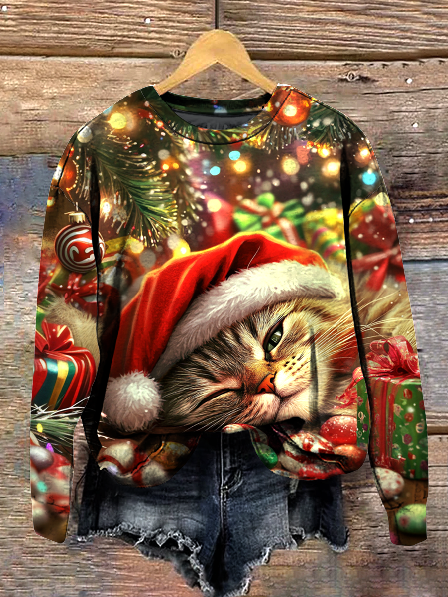 Christmas Cat Art Print Round Neck Long Sleeve Casual Sweatshirt