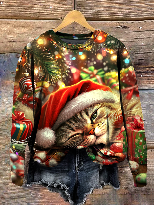 Christmas Cat Art Print Round Neck Long Sleeve Casual Sweatshirt