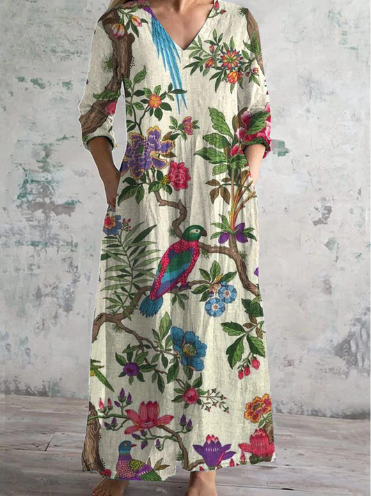 Forest Animal Floral Shirt Printed V-Neck Long-Sleeved Casual Dress