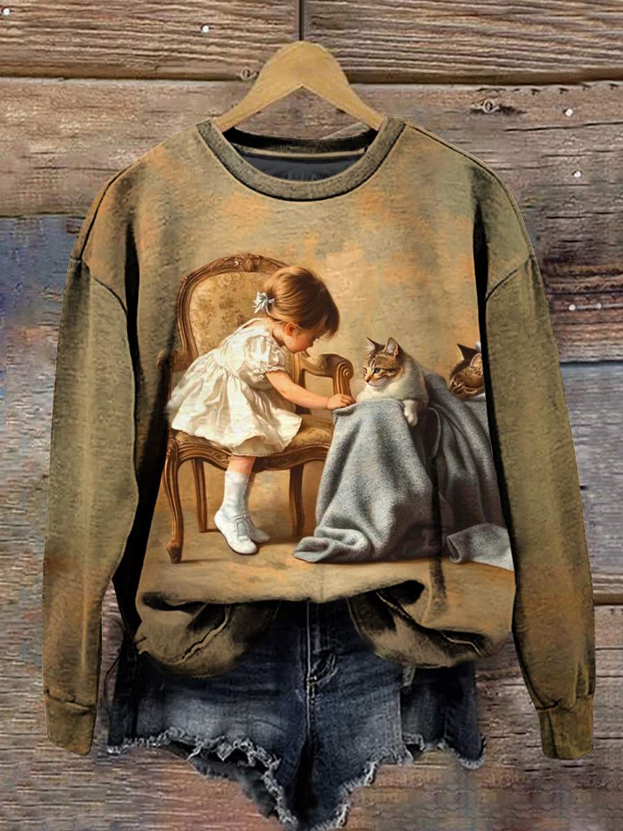 Cat Art Print Round Neck Long Sleeve Casual Sweatshirt