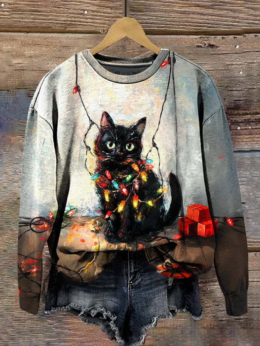 Christmas Cat Art Print Round Neck Long Sleeve Casual Sweatshirt