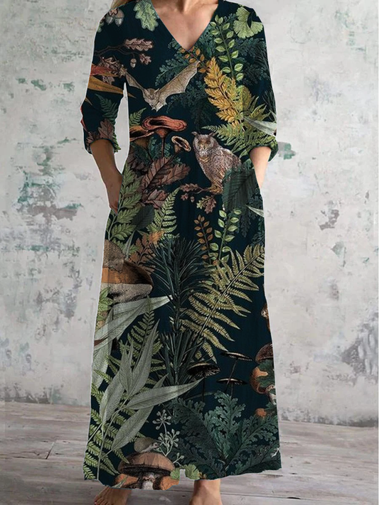 Forest Animal Floral Shirt Printed V-Neck Long-Sleeved Casual Dress