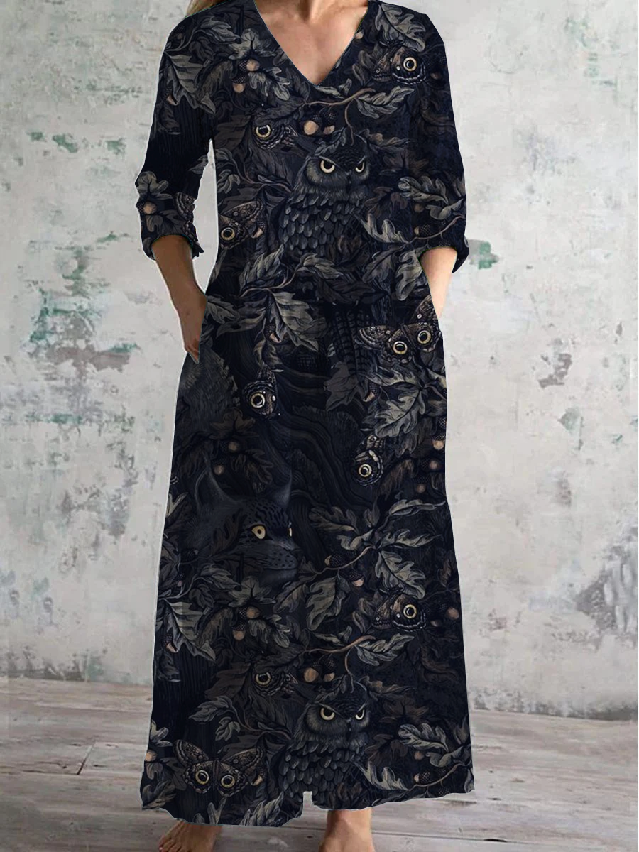 Forest Animal Floral Shirt Printed V-Neck Long-Sleeved Casual Dress