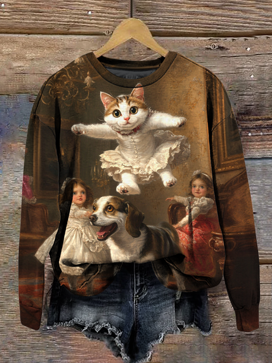 Cat Art Print Round Neck Long Sleeve Casual Sweatshirt