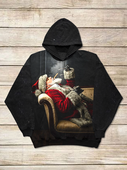 Christmas Art Print Round Neck Long Sleeve Casual Hooded Sweatshirt