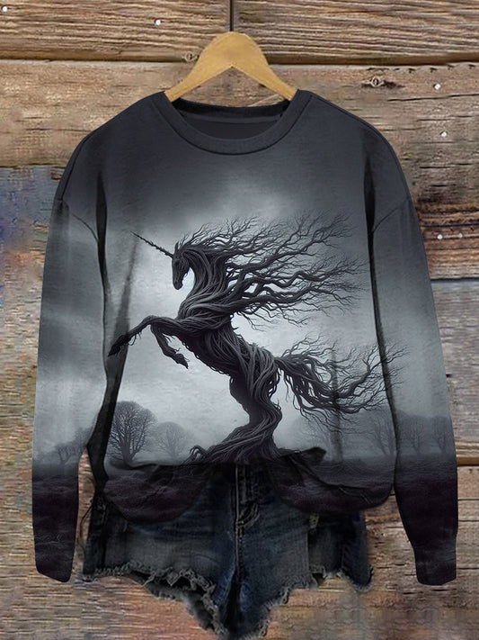 Witch Night Unicorn Art Print Unisex Crew Neck Long Sleeve Casual Sweatshirt