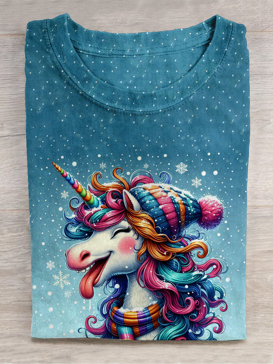 Unicorn Christmas Snowflake Art Print Unisex Round Neck Short Sleeve Casual T-Shirt