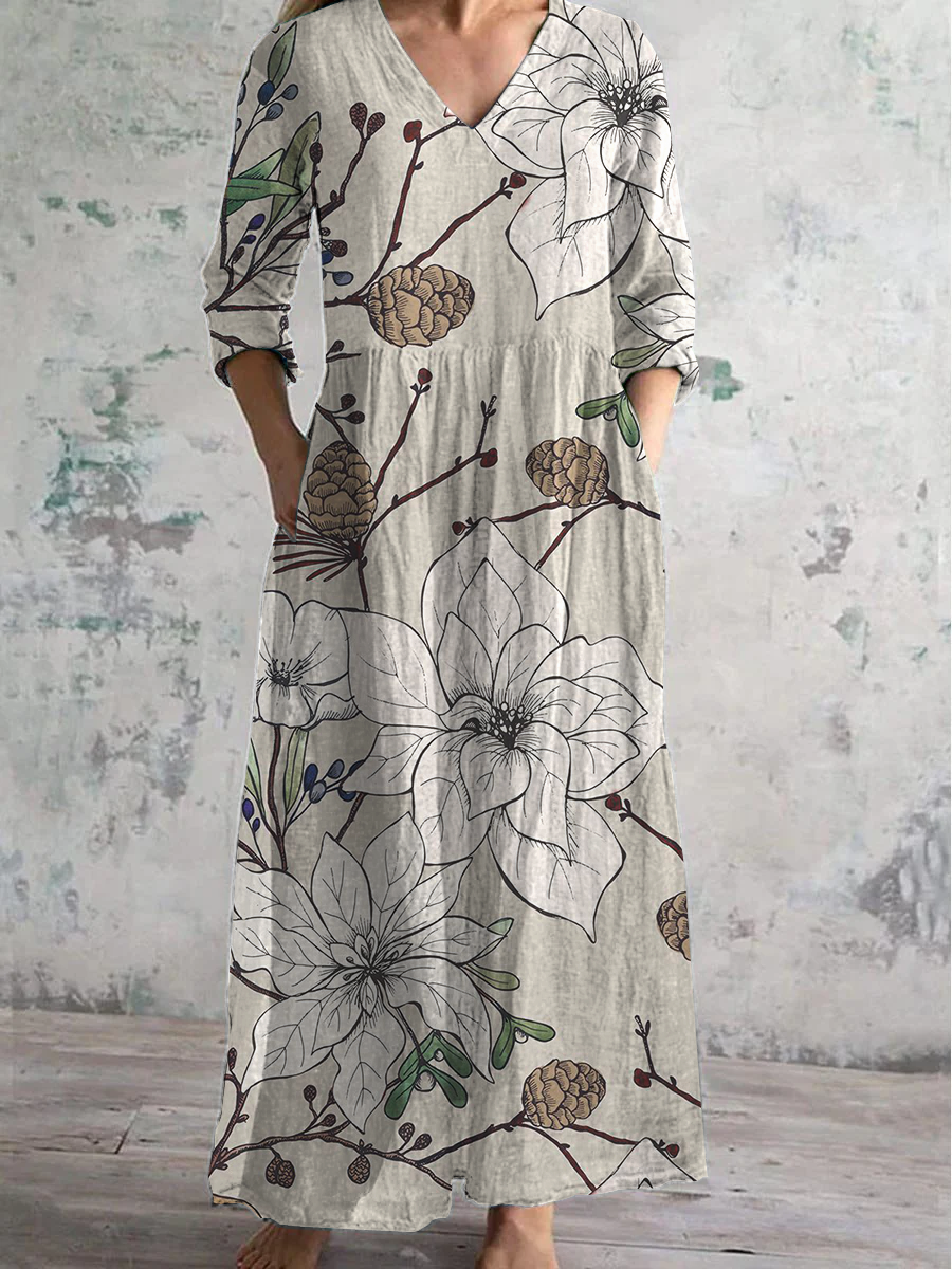 Forest Animal Floral Shirt Printed V-Neck Long-Sleeved Casual Dress