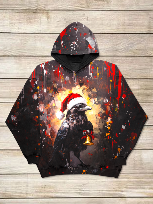 Christmas Art Print Round Neck Long Sleeve Casual Hooded Sweatshirt