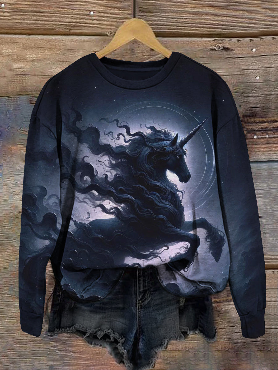 Witch Night Unicorn Art Print Unisex Crew Neck Long Sleeve Casual Sweatshirt