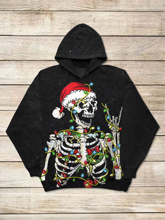 Christmas Art Print Round Neck Long Sleeve Casual Hooded Sweatshirt