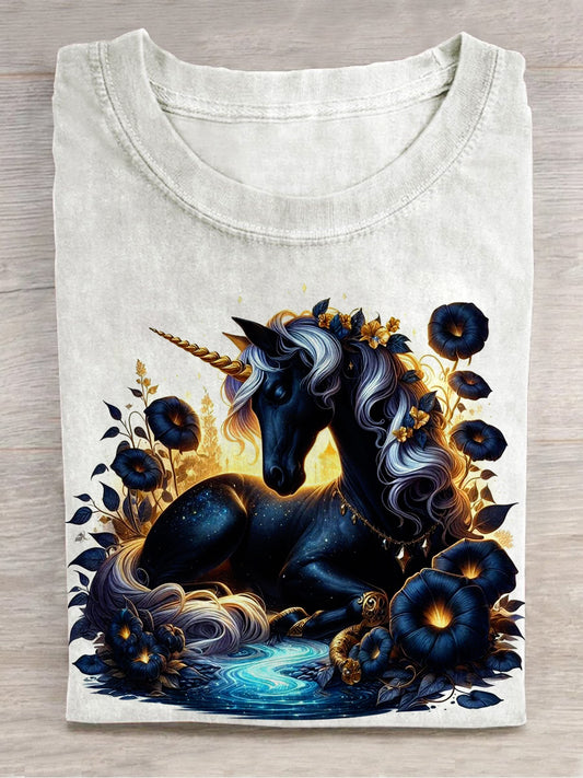 Witch Night Unicorn Art Print Unisex Round Neck Short Sleeve Casual T-shirt