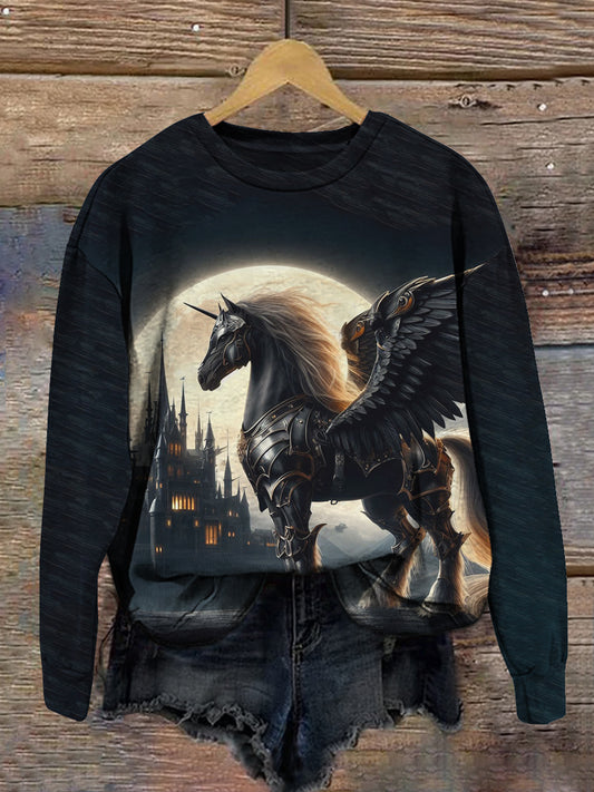 Witch Black Wing Unicorn Art Print Unisex Crew Neck Long Sleeve Casual Sweatshirt