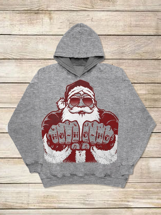 Christmas Art Print Round Neck Long Sleeve Casual Hooded Sweatshirt