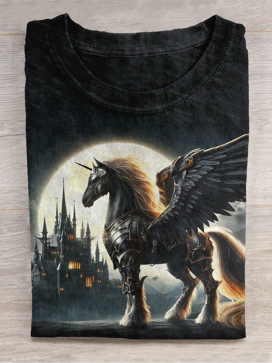 Witch Black Wing Unicorn Art Print Unisex Round Neck Short Sleeve Casual T-shirt