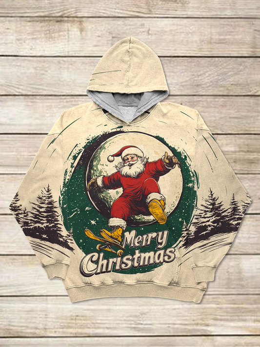 Christmas Art Print Round Neck Long Sleeve Casual Hooded Sweatshirt