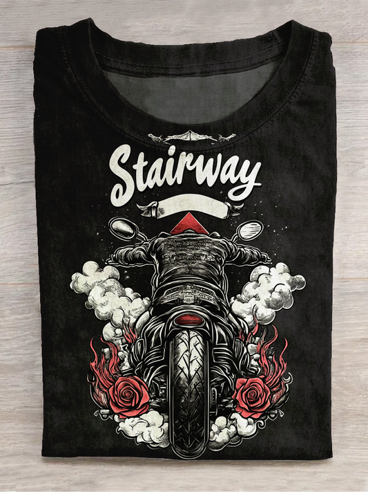 Motorcycle Art Print Round Neck Short Sleeve Casual T-Shirt