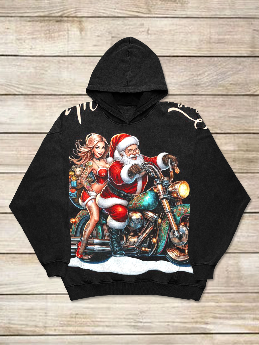 Christmas Art Print Round Neck Long Sleeve Casual Hooded Sweatshirt