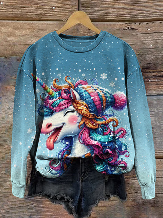 Unicorn Christmas Snowflake Art Print Unisex Crew Neck Long Sleeve Casual Sweatshirt