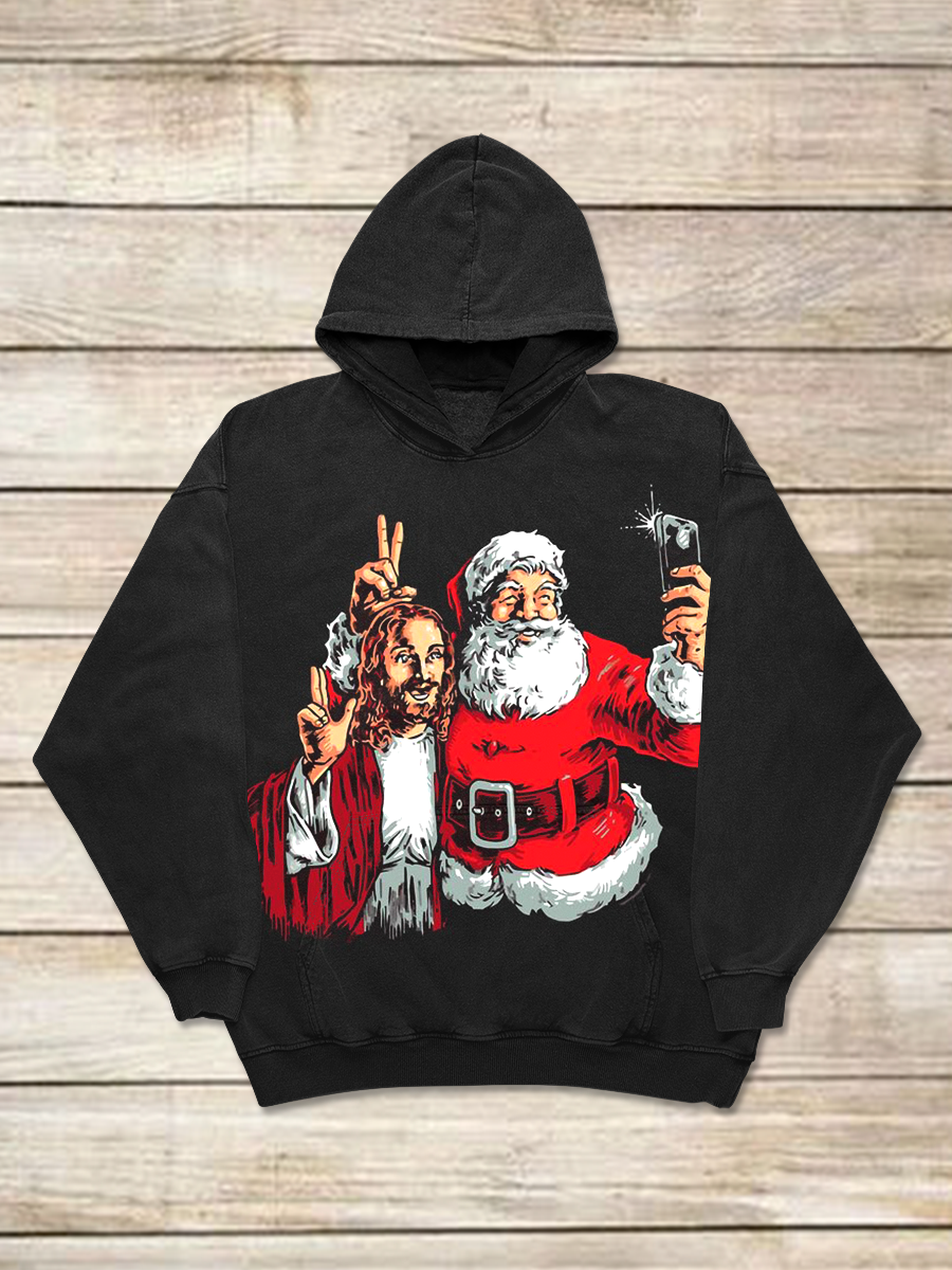 Christmas Art Print Round Neck Long Sleeve Casual Hooded Sweatshirt