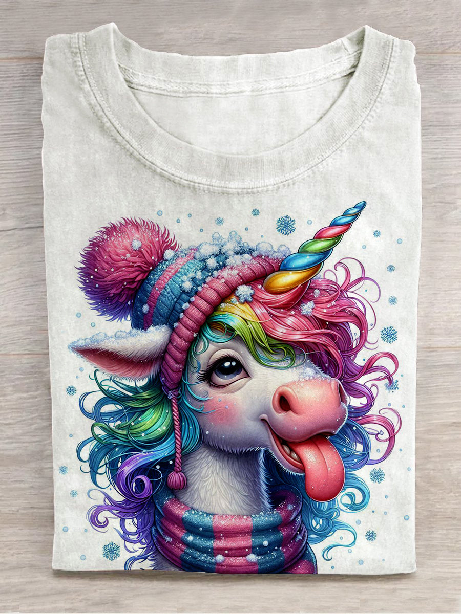 Unicorn Christmas Snowflake Art Print Unisex Round Neck Short Sleeve Casual T-Shirt