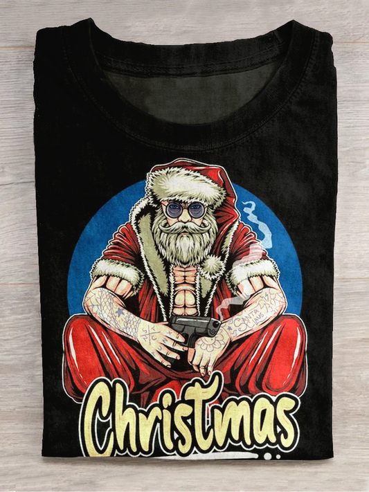 Christmas Art Print Round Neck Short Sleeve Casual T-Shirt