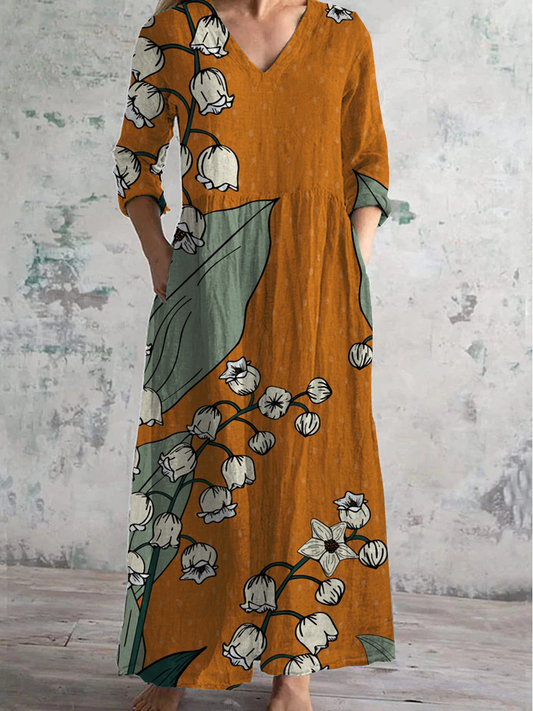 Forest Animal Floral Shirt Printed V-Neck Long-Sleeved Casual Dress