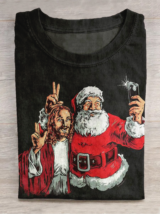 Christmas Art Print Round Neck Short Sleeve Casual T-Shirt