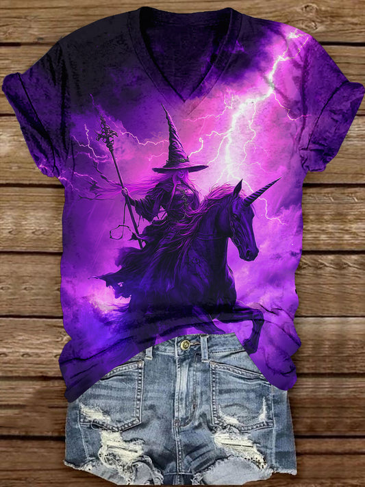 Witch Unicorn Art Print Unisex V-Neck Short Sleeve Casual T-Shirt