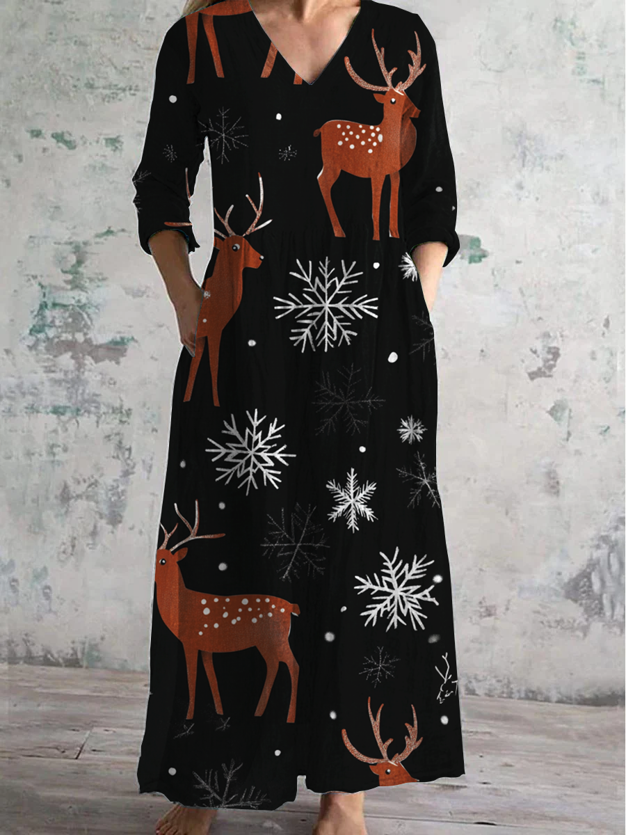 Christmas Art Print V-Neck Long-Sleeved Casual Dress