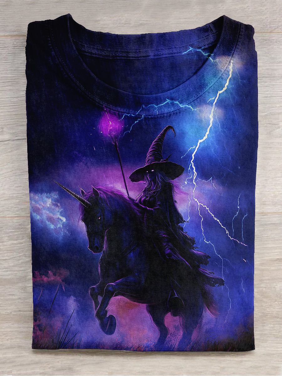 Witch Unicorn Art Print Unisex Round Neck Short Sleeve Casual T-Shirt