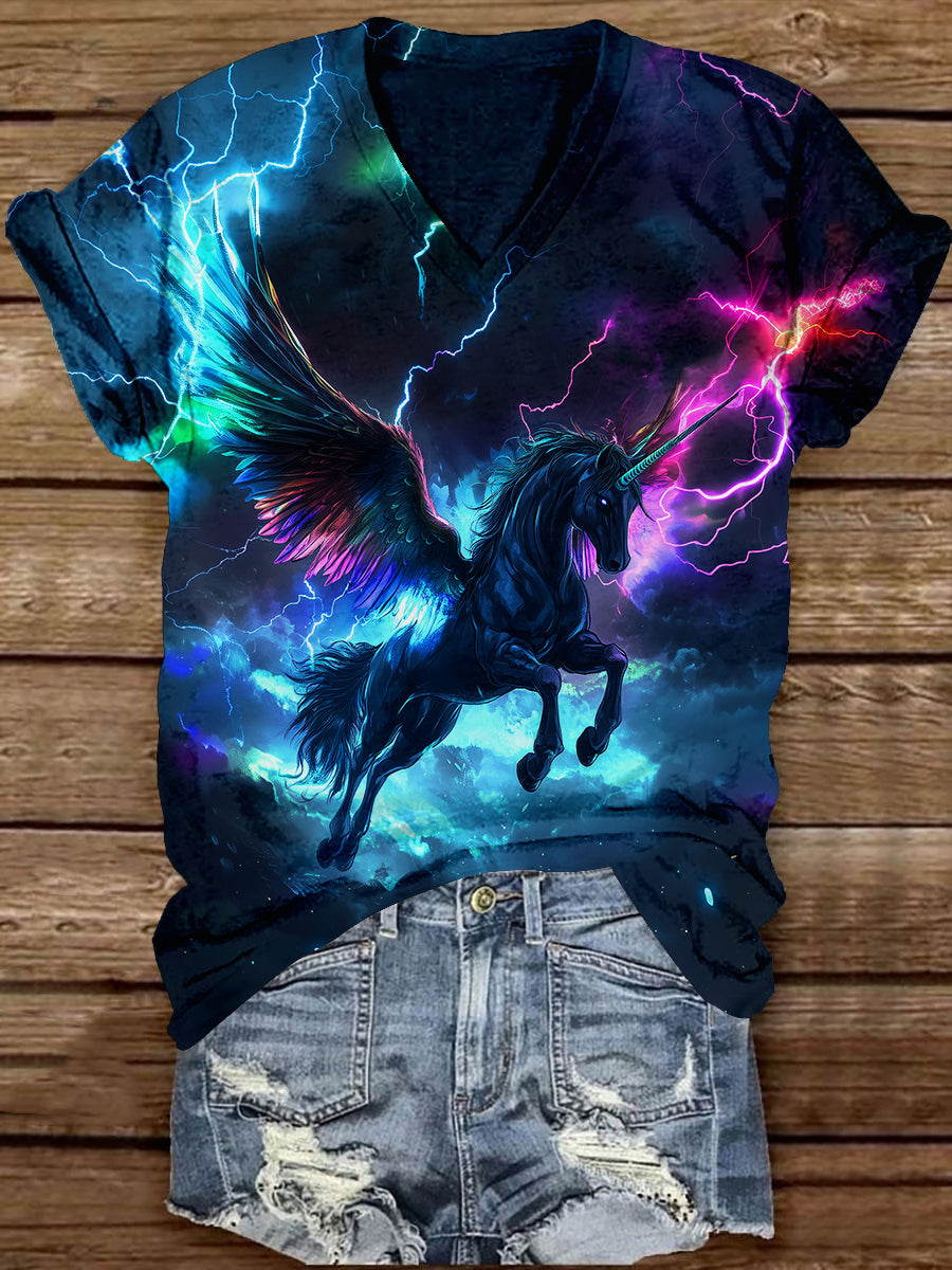 Lightning Unicorn Art Print Unisex V-neck Short Sleeve Casual T-shirt