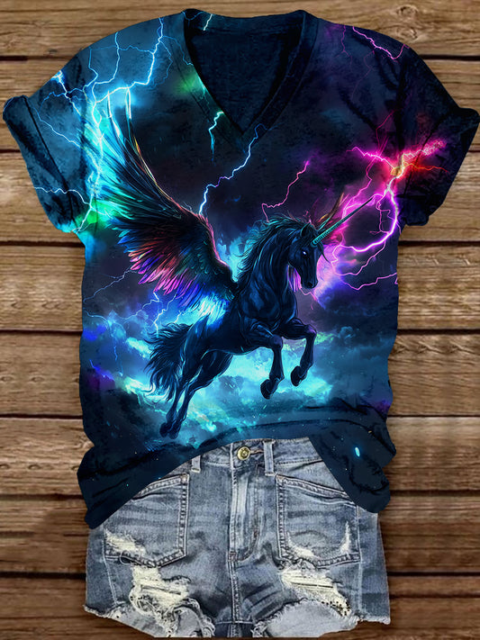 Lightning Unicorn Art Print Unisex V-neck Short Sleeve Casual T-shirt