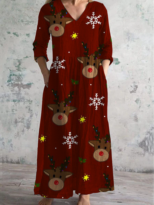 Christmas Art Print V-Neck Long-Sleeved Casual Dress