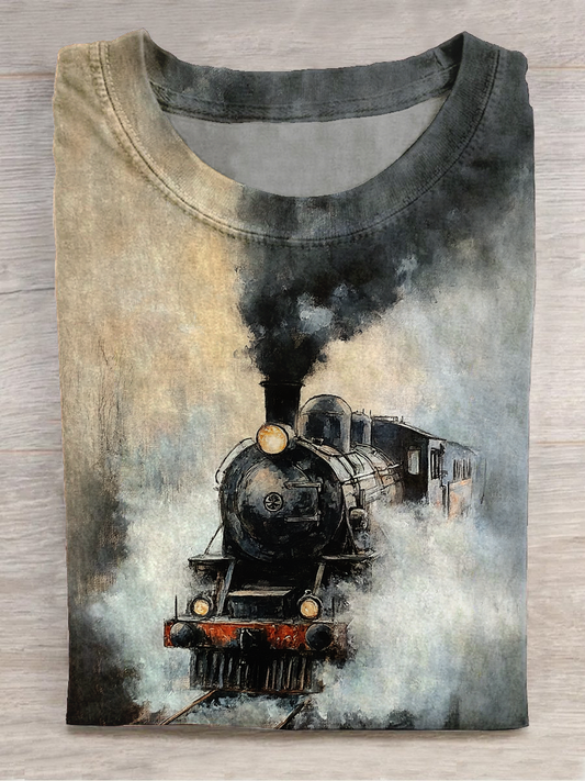 Retro Oil Painting Carriage Art Print Round Neck Short-Sleeved Casual T-Shirt