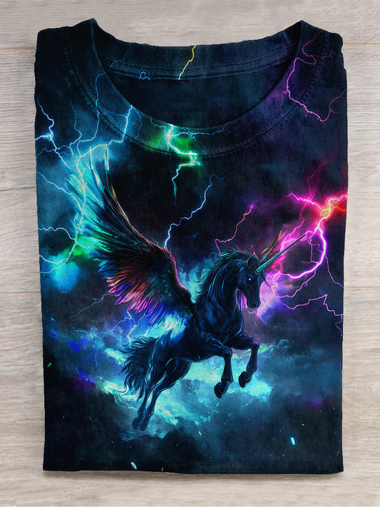 Black Unicorn Colorful Lightning Art Print Unisex Round Neck Short Sleeve Casual T-shirt