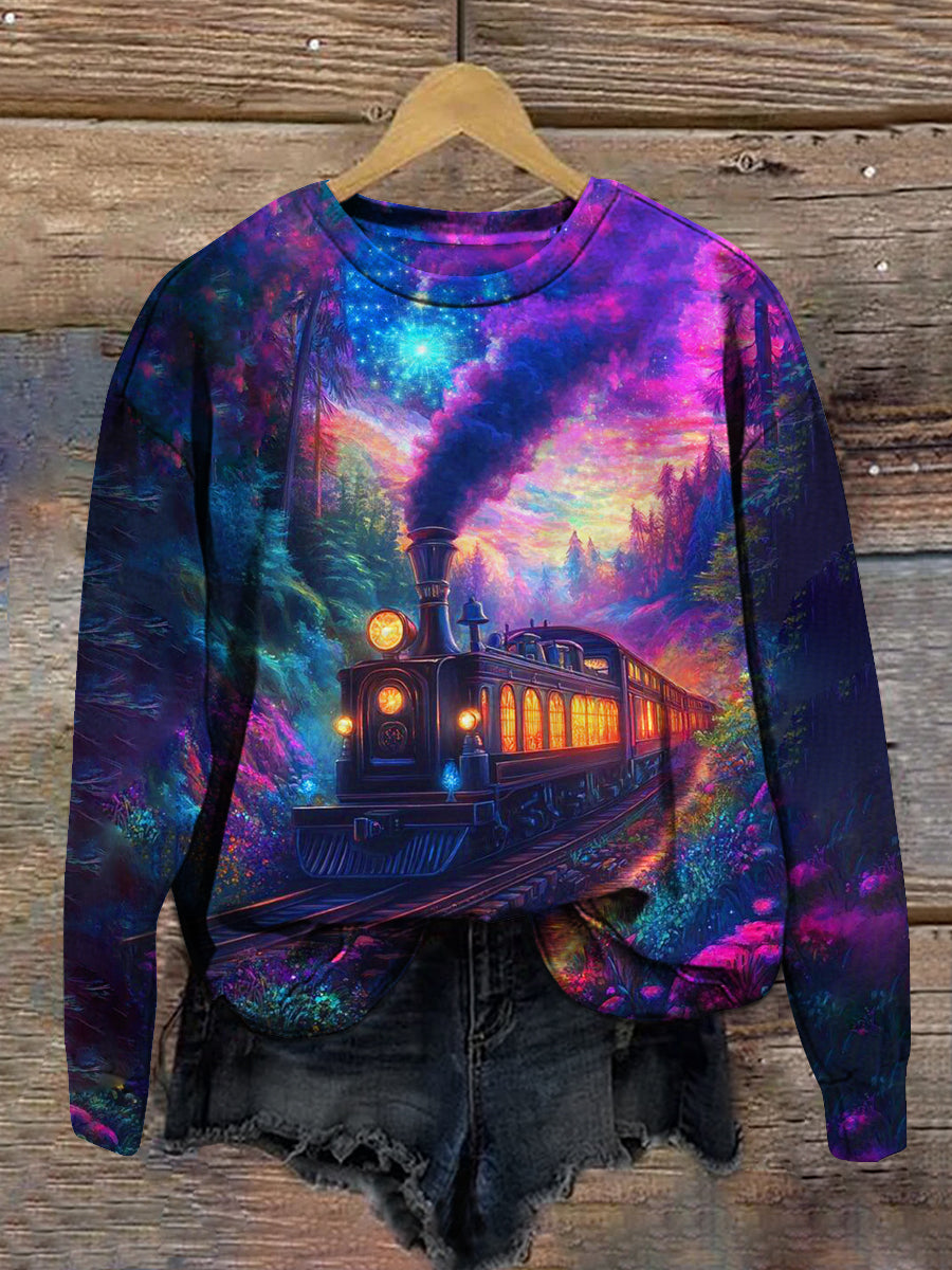 Aurora Starry Sky Steam Train Art Print Unisex Round Neck Long Sleeve Casual Sweatshirt