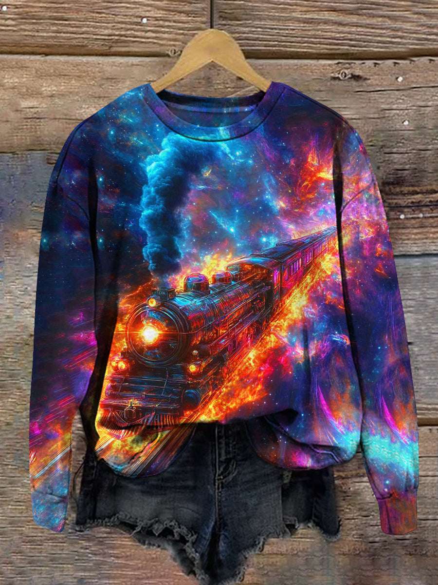 Aurora Starry Sky Steam Train Art Print Unisex Round Neck Long Sleeve Casual Sweatshirt