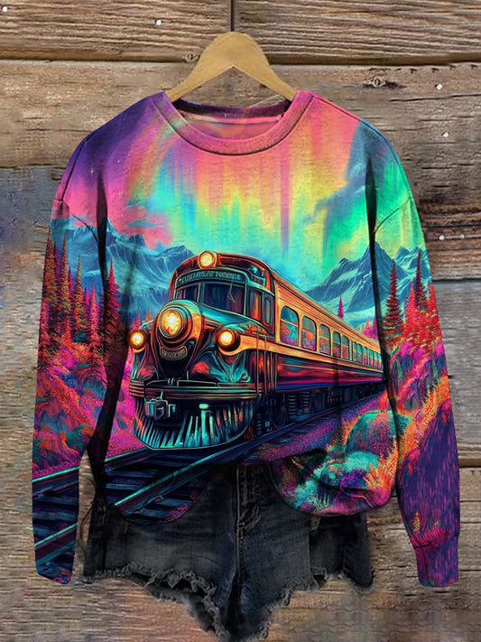 Aurora Train Art Print Unisex Crew Neck Long Sleeve Casual Sweatshirt