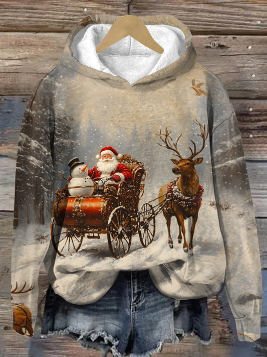 Christmas Art Print Round Neck Long Sleeve Casual Hooded Sweatshirt