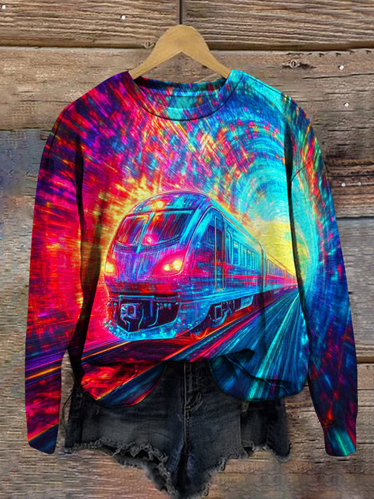 Aurora Starry Sky Steam Train Art Print Unisex Round Neck Long Sleeve Casual Sweatshirt