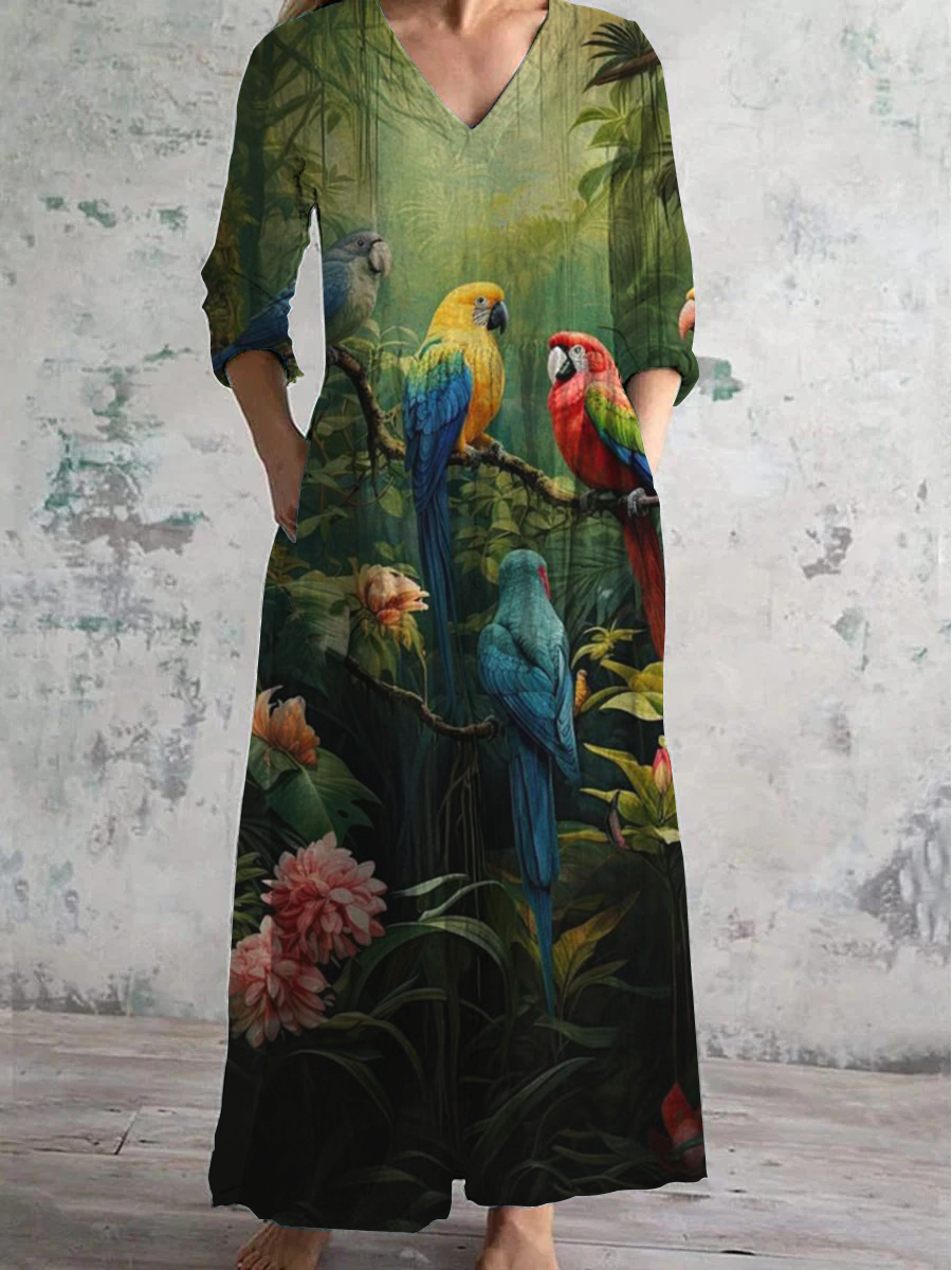 Forest Animal Floral Art Print V-Neck Long-Sleeved Casual Dress