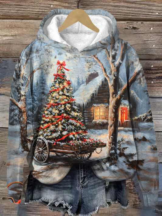 Christmas Art Print Round Neck Long Sleeve Casual Hooded Sweatshirt