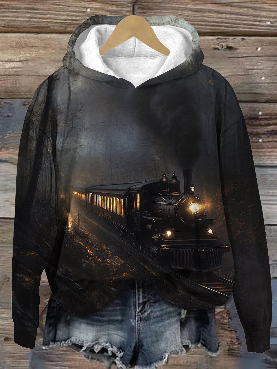 Dark Ghost Steam Train Art Print Unisex Long Sleeve Casual Hooded Sweatshirt