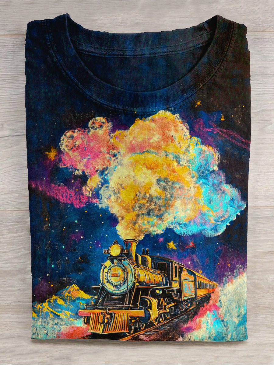 Aurora Starry Sky Steam Train Art Print Unisex Round Neck Short Sleeve Casual T-shirt