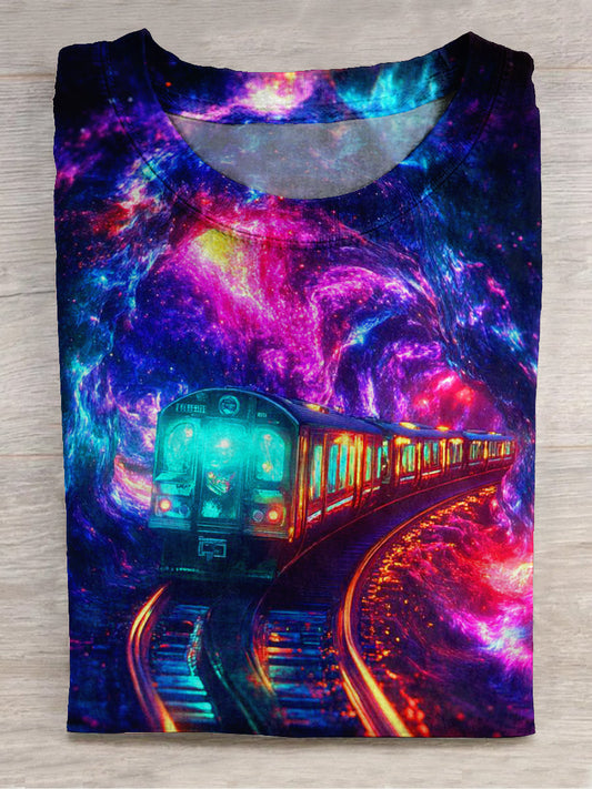 Time and Space Train Art Print Unisex Round Neck Short Sleeve Casual T-shirt