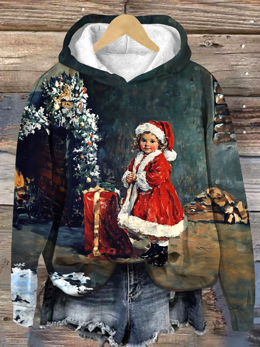 Christmas Art Print Round Neck Long Sleeve Casual Hooded Sweatshirt