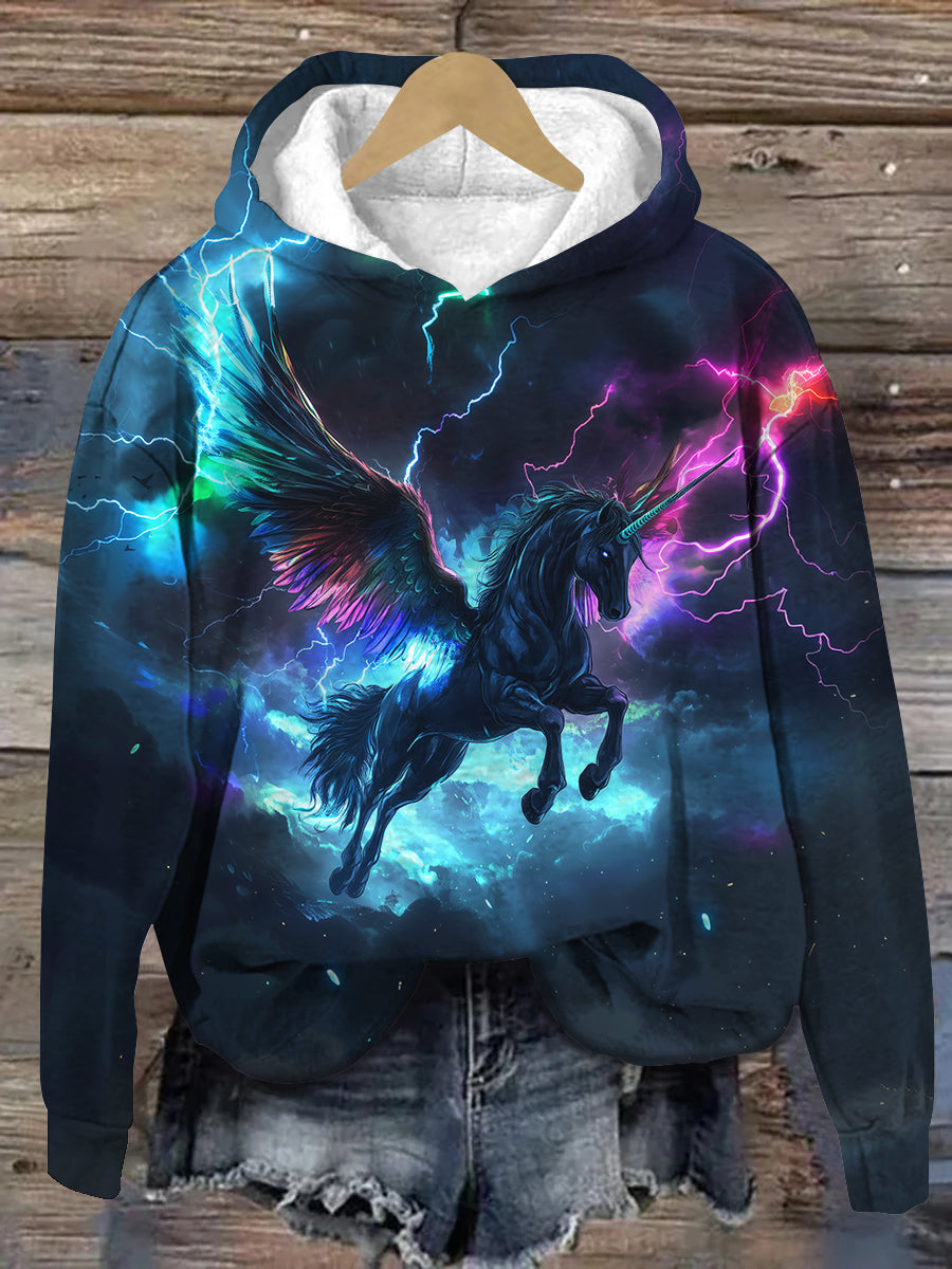 Black Unicorn Art Print Unisex Long Sleeve Casual Hooded Sweatshirt